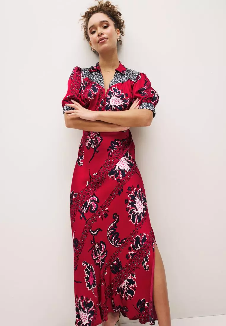 flowy-belted-ditsy-floral-short-sleeve-v-neck-midi-dress-Red-1