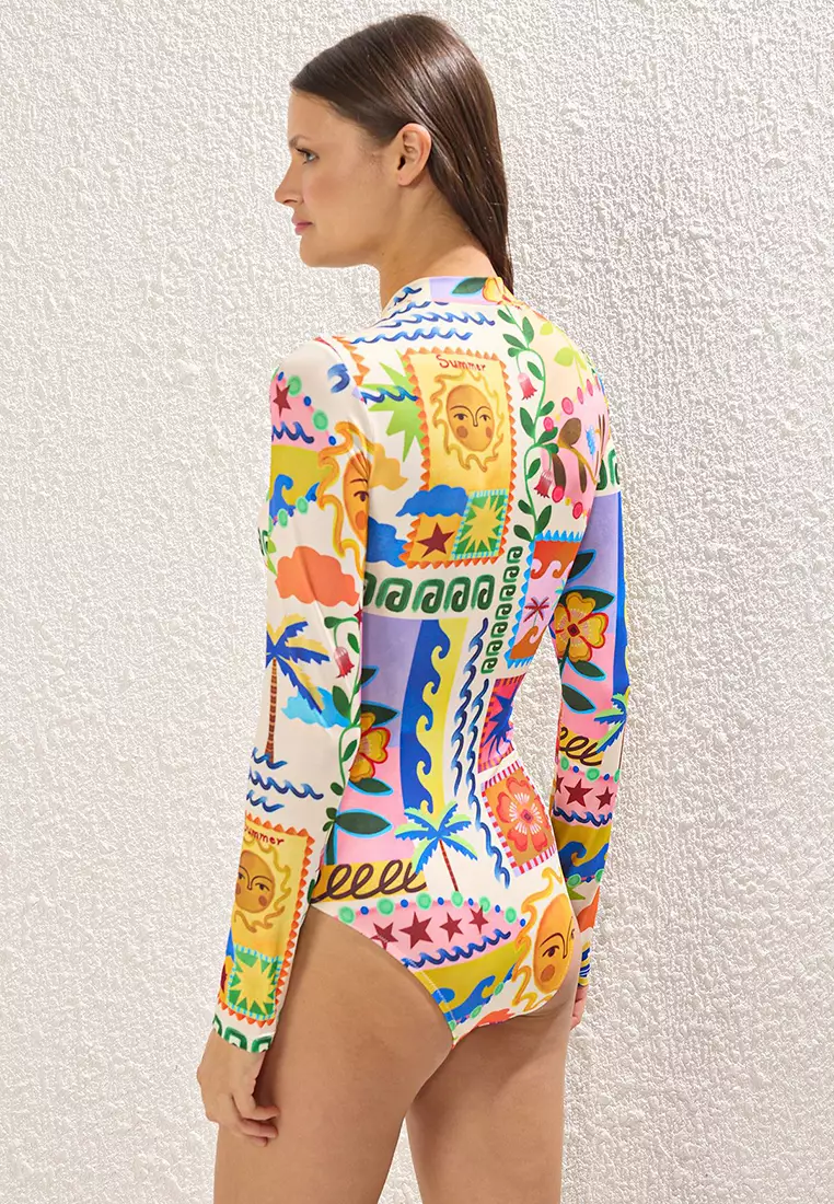 Tropical Patterned Surfer Zipper Regular Swimsuit TBESS25MA00119