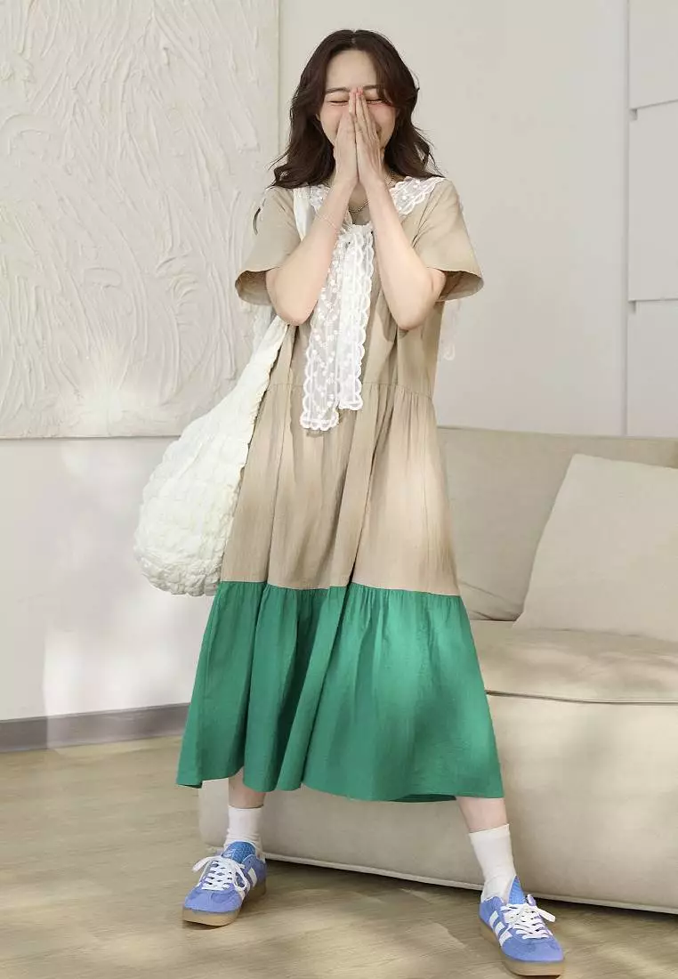 純棉撞色蛋糕裙傘襬短袖長洋裝《DA10519》