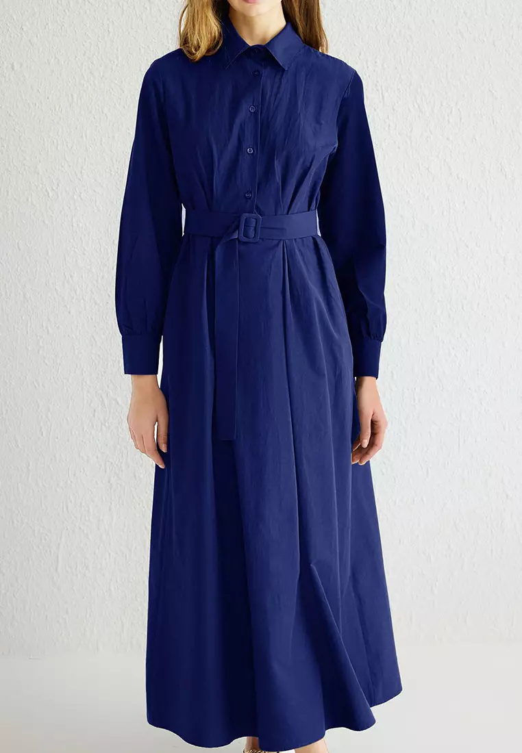 Saxe Shirt Collar Fabric Belted Woven Dress Tctss25Eb00006