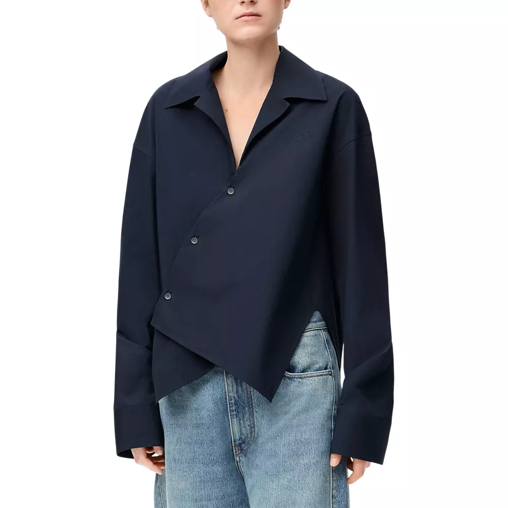 Cotton Shirt with Asymmetric Front and Diagonal Placket Dark Navy