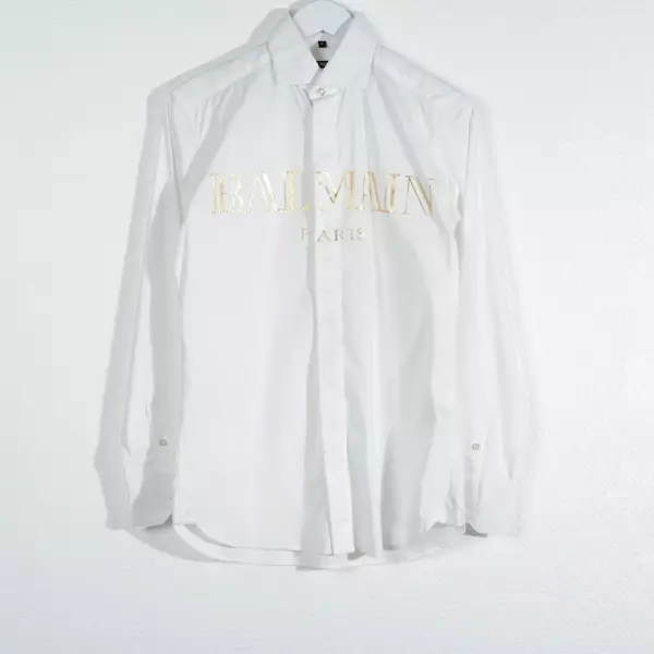 Kemeja BALMAIN TEXT OUTLINE GOLD WHITE LONG SHIRT 100% ORIGINAL