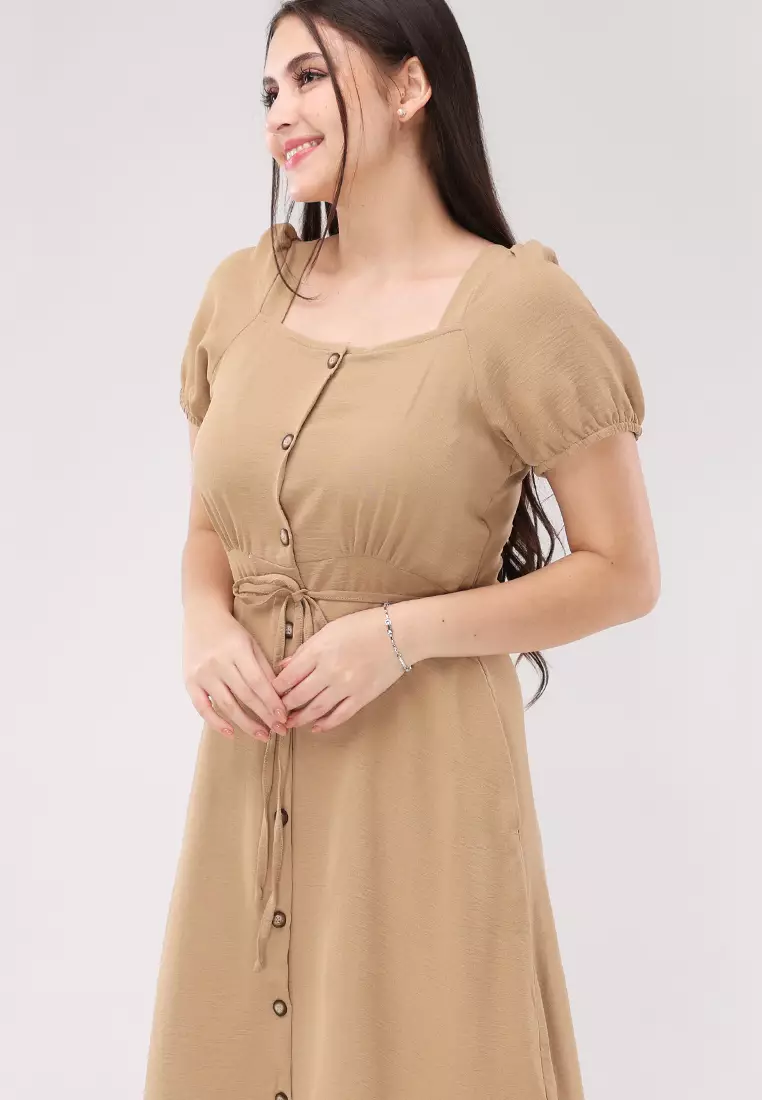 Wrinkled Linen Woven Short Sleeves Dress