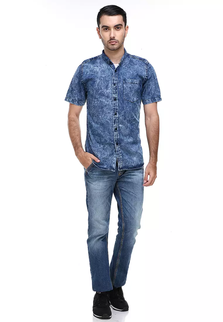 Dwan Shirts Kemeja Jeans Sandwash Kasual Model Slim Fit Material Denim ORIGINAL - Blue