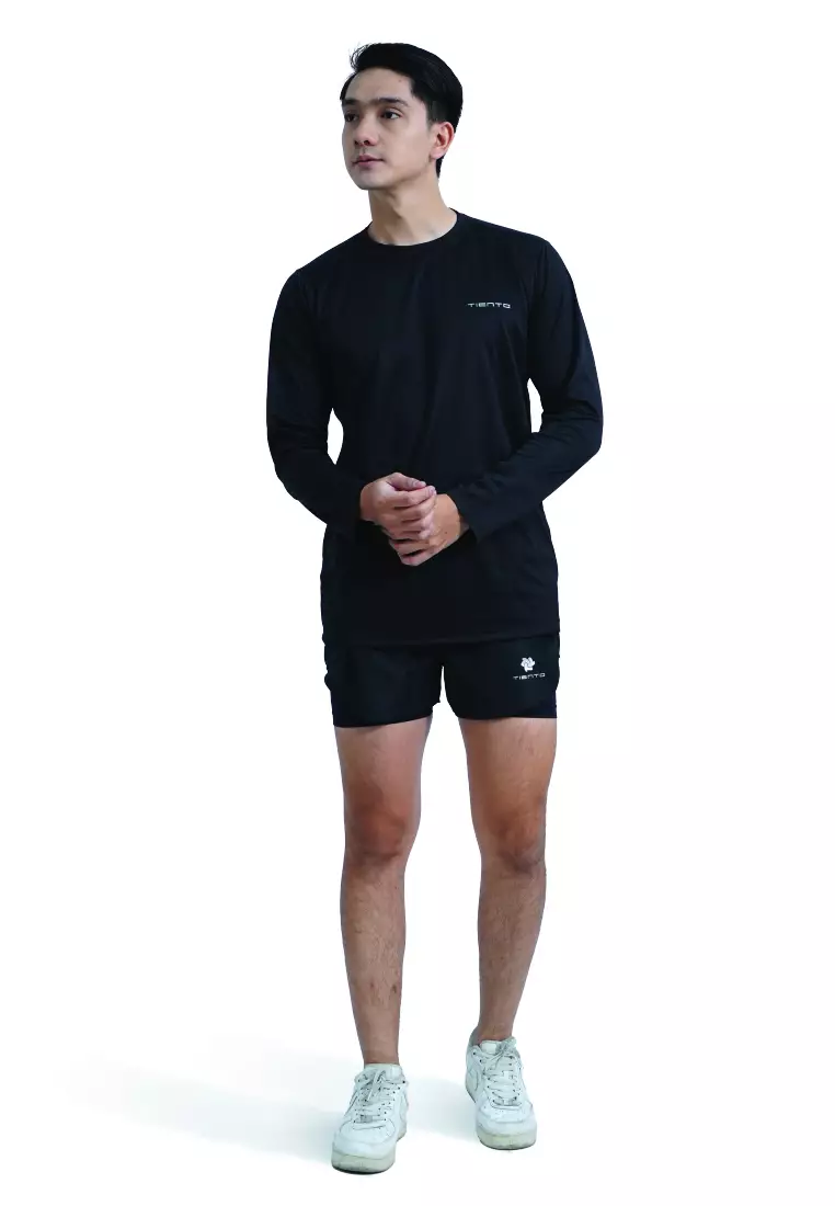 Tiento Setelan Olahraga Kaos Lari Dry Fit Lengan Panjang Hitam Baju Running Celana Pendek Hitam Fitness Olahraga Gym Lari Pria