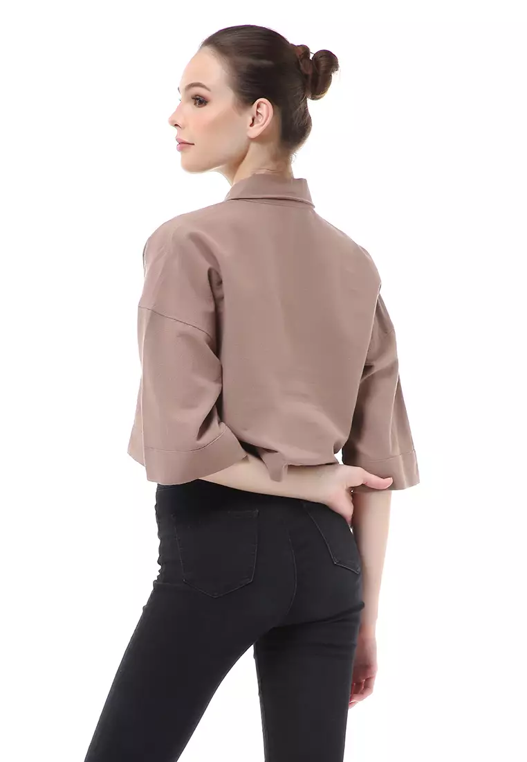 Brielle Atasan Wanita Kemeja Crop Oversize Shirt Lengan Panjang Material Linen ORIGINAL - Tiramisu