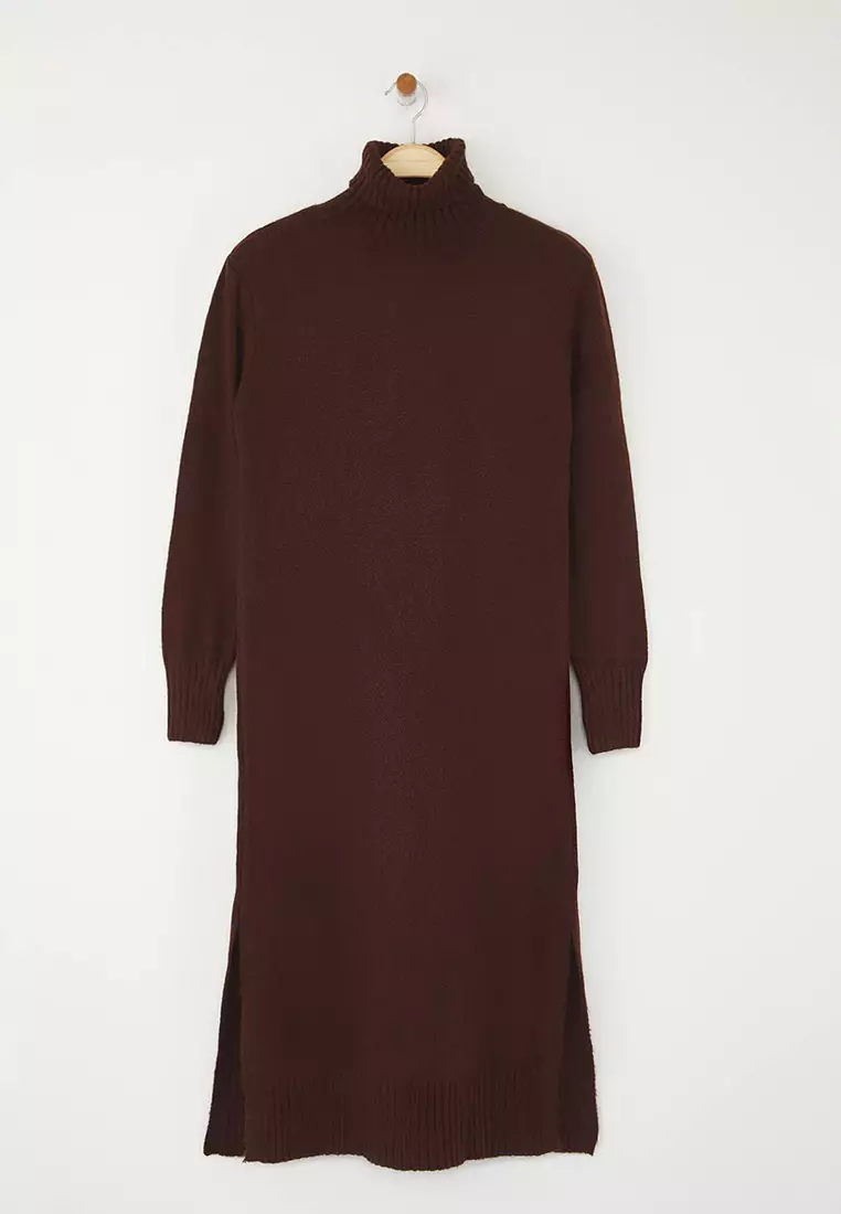 Brown Midi Wide Fit Soft Texture Knitwear Dress