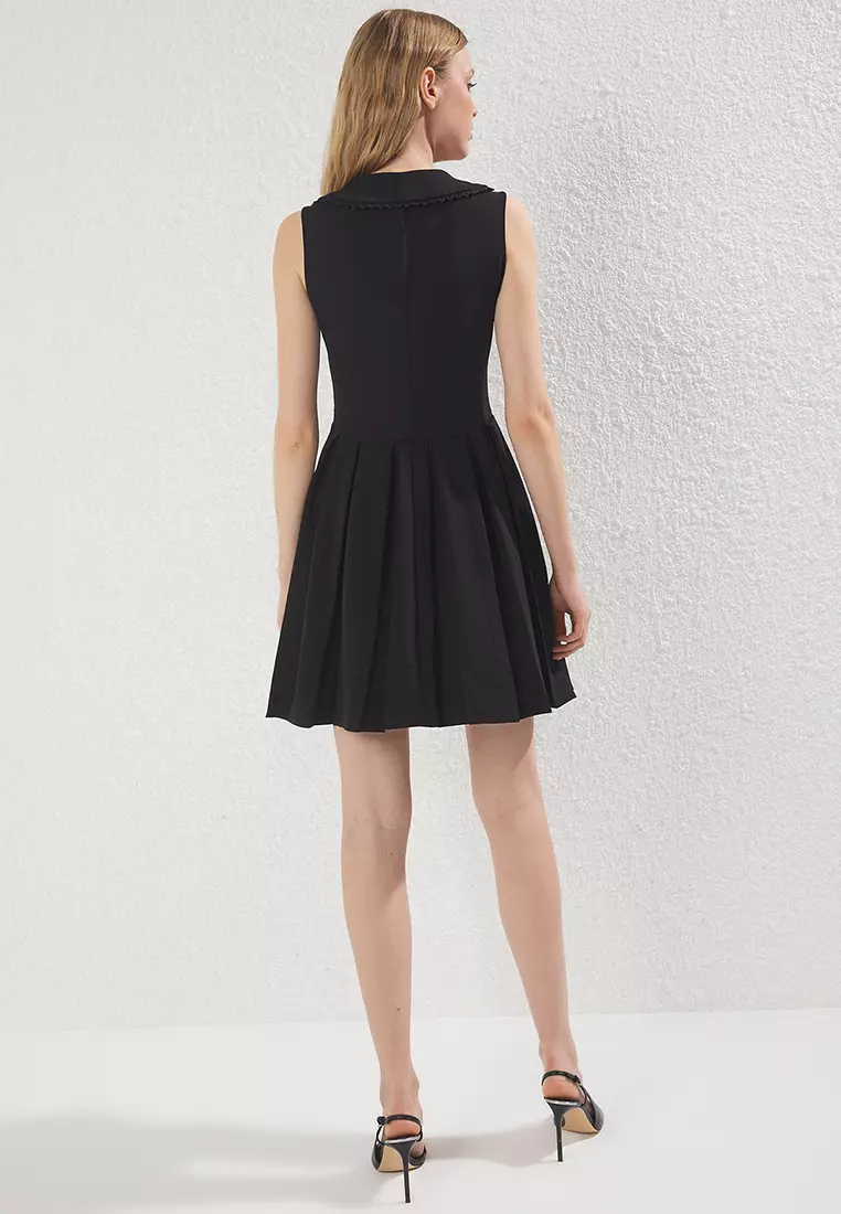 Black Collar Detailed Pleated Mini Woven Dress TWOSS25EL00787