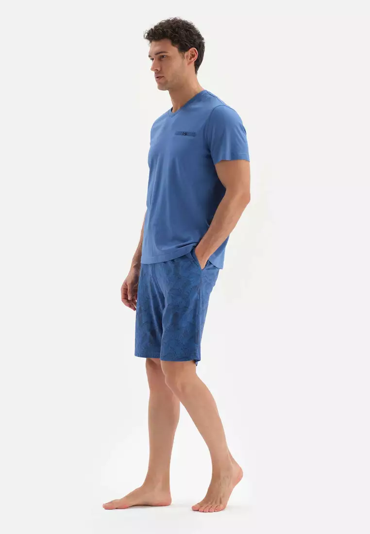 Blue Tshirt Shorts V Neck Regular Short Leg Short Sleeve Sleepwear for Men