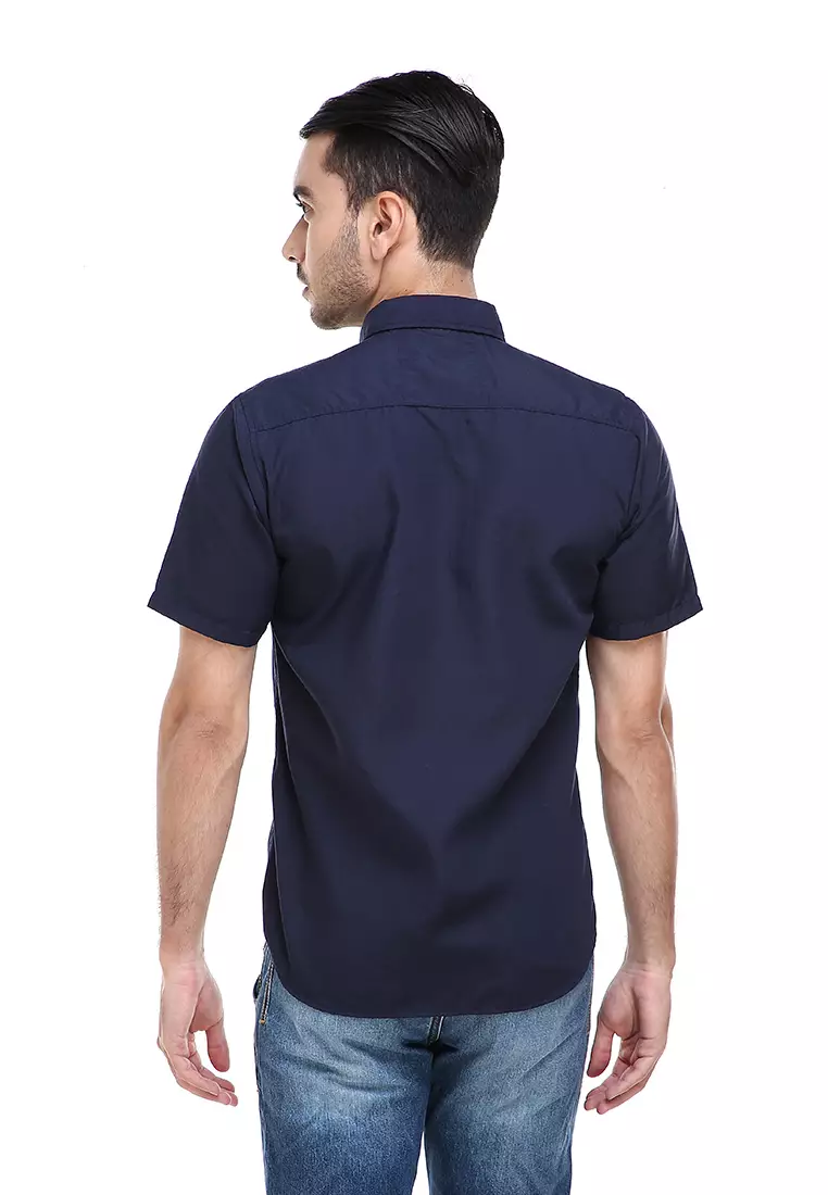Dwan Casual Shirt Kemeja Polos Pria Lengan Pendek Kasual Formal Material Cotton ORIGINAL - Navy