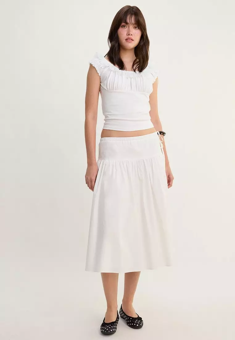 Ruffle Trim Wide Neck Top - White