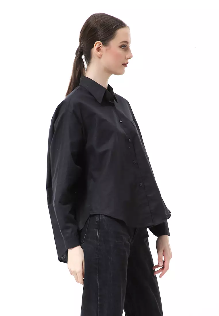 Nandira Kemeja Atasan Wanita Oversize Motif Polos Long Sleeve - Hitam