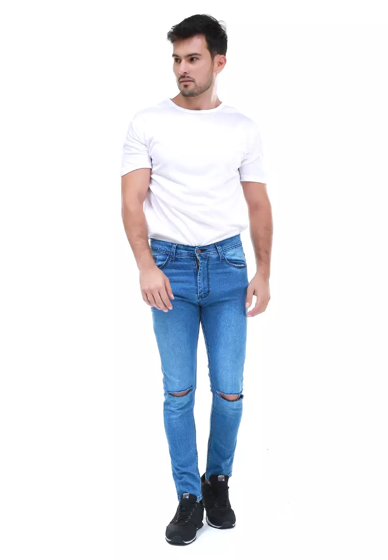 Locko Celana Panjang Pria Ripped Long Pants Casual Material Jeans ORIGINAL - Light Blue