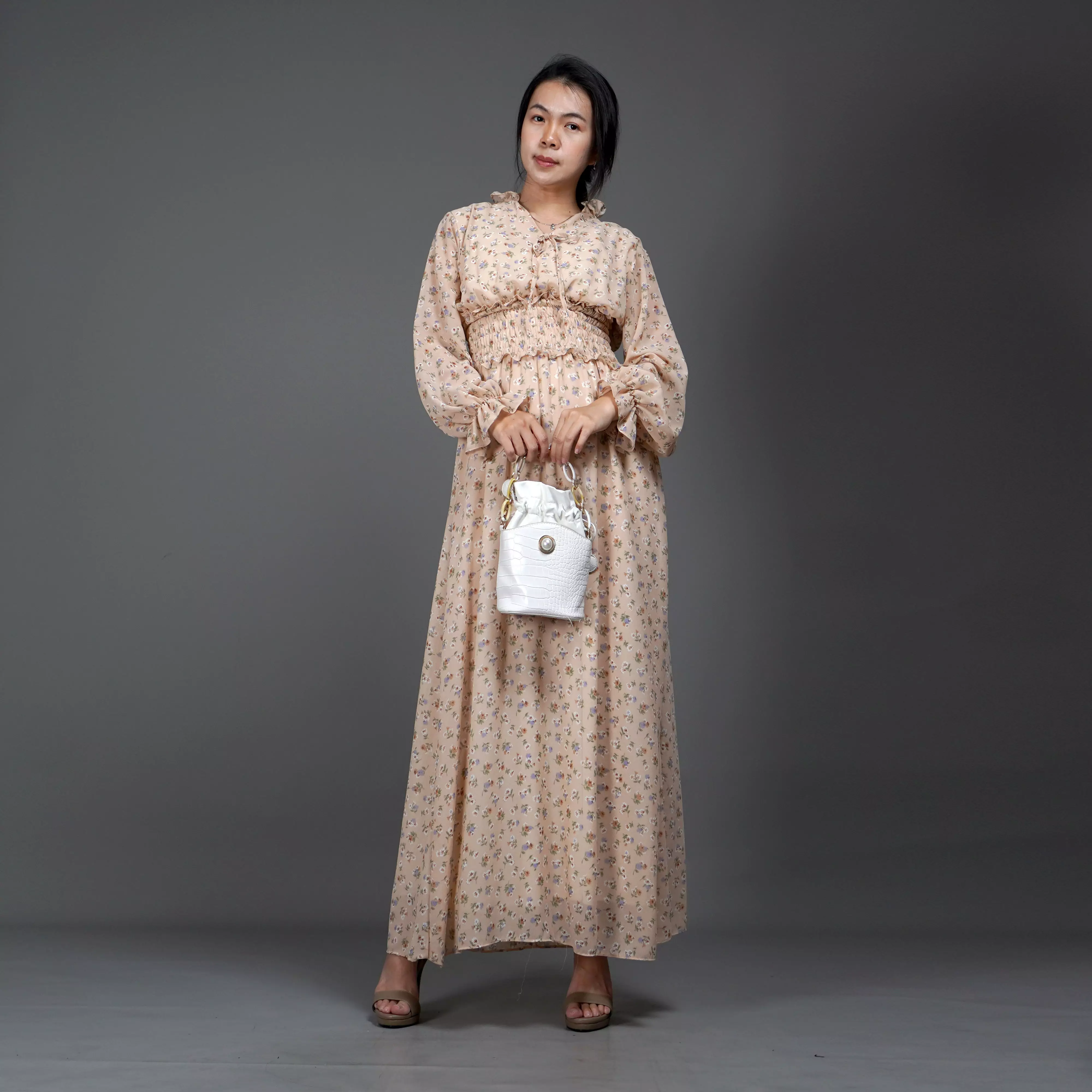  Dress SHALMA Long Dress Sifon Gaun Panjang Gaya Korea - Krem