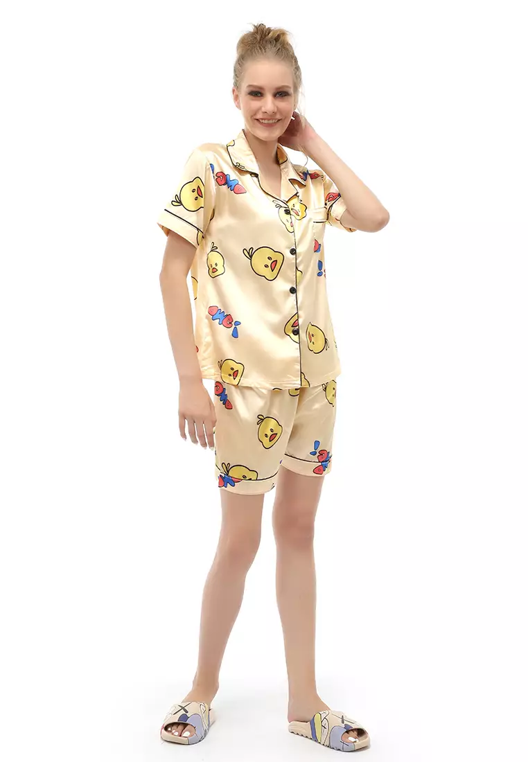 Vance Setelan Baju Tidur Wanita Lengan Pendek Motif Piyo Material Satin ORIGINAL - Yellow
