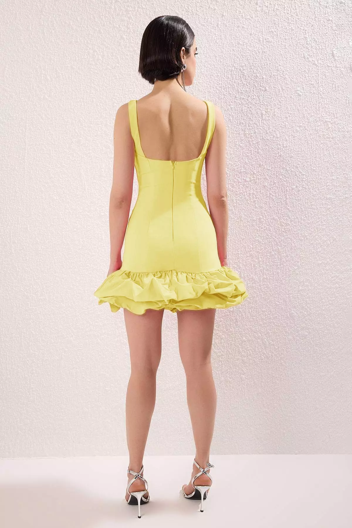 Light Yellow Balloon Skirt Detailed Inside Shorts Lined Short Dress