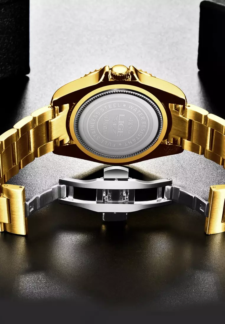 Unisex Classic Diver's IP Gold Stainless Steel Quartz Watch, IP Gold Stainless Steel Bracelet