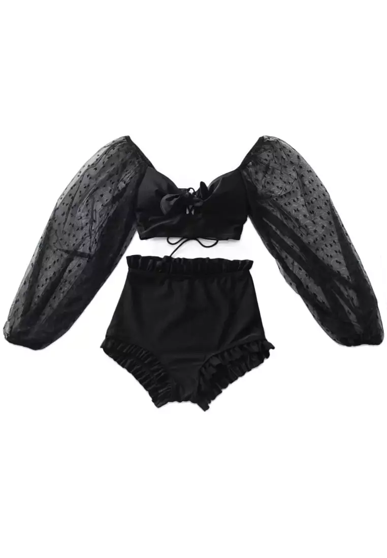 Lace Up Split Triangle Long Sleeve Two Piece Swimsuit CA071703BK