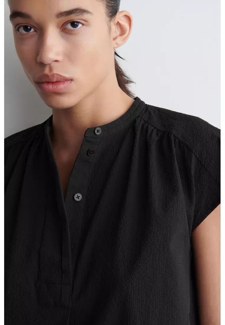 【GOOD GRIEF!】Gather Blouse(BK) Linen Blend Gathered Blouse in Black | Glassons