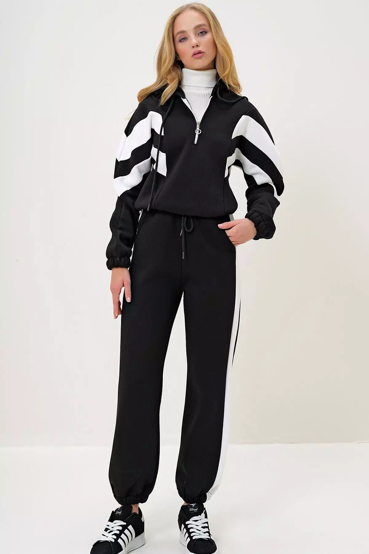 Women's Black Hooded Half Zippered Sweatshirt and Elastic Leg Tracksuit Set