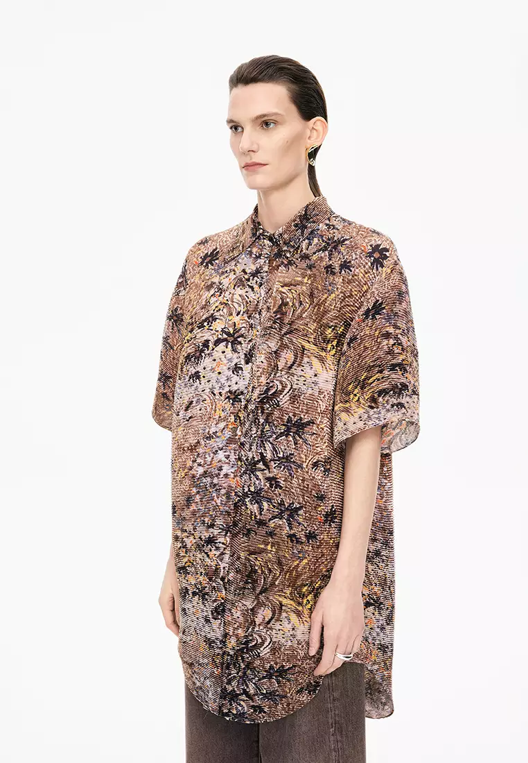 混纺图案元素花型宽松短袖衬衣