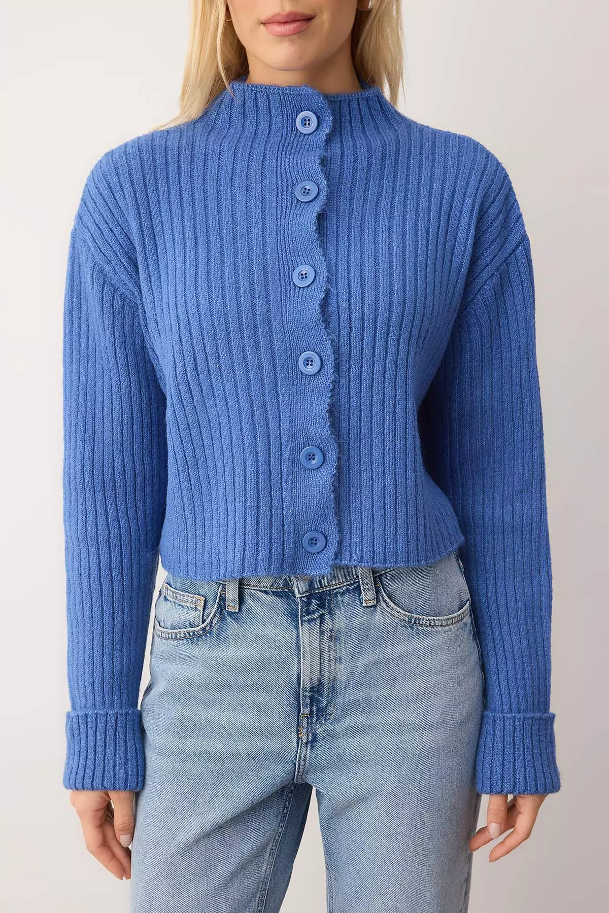 Blue Crop Soft Textured Mock Neck Knitwear Cardigan Twoaw22Hi0174