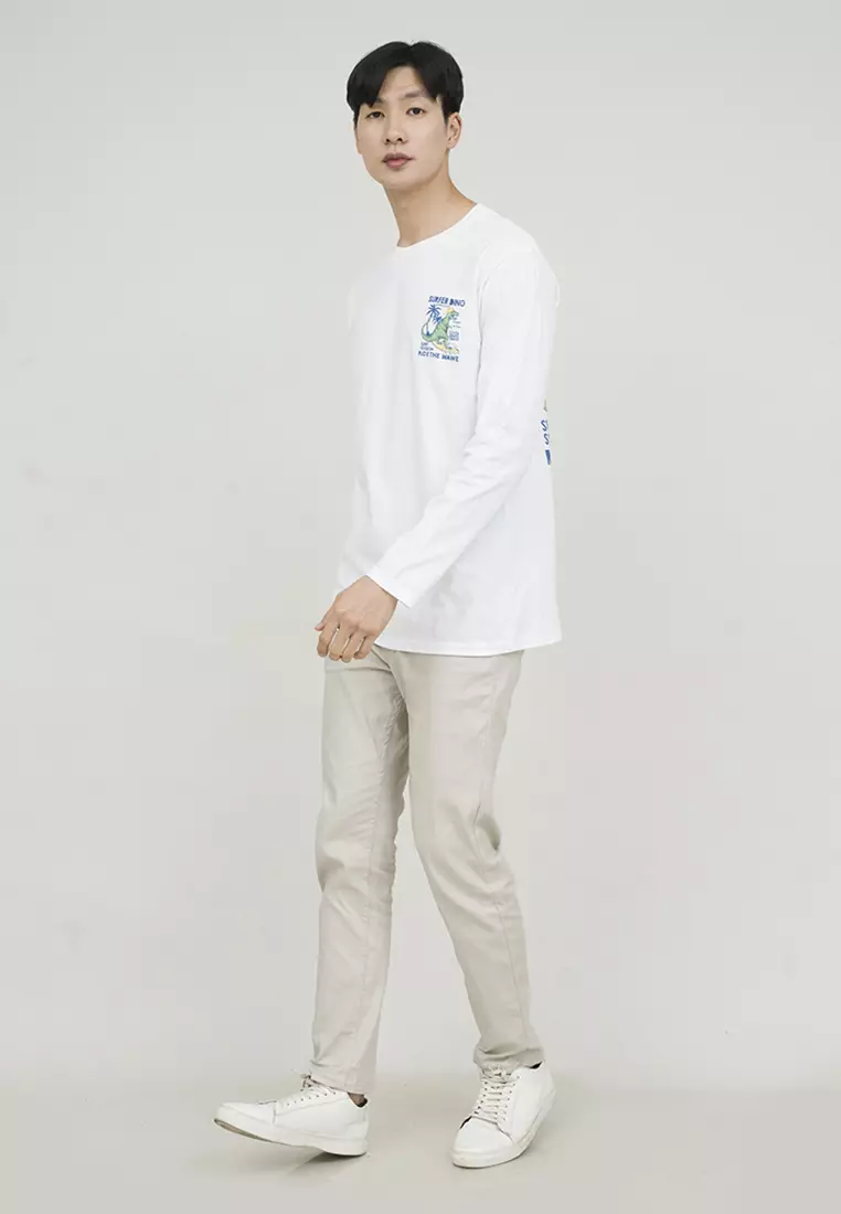 Kaos cotton combed lengan panjang pria putih houseofcuff surfer dino