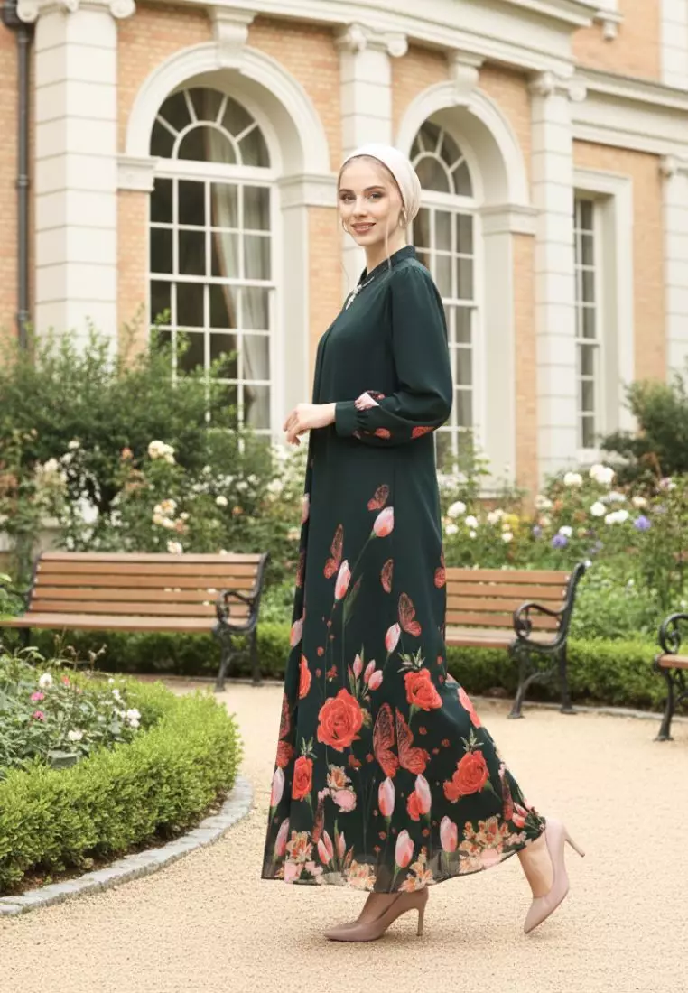 Mosleem Long Dress Floral Motif In Emerald Green By Brilliant Girl Warna HIJAU