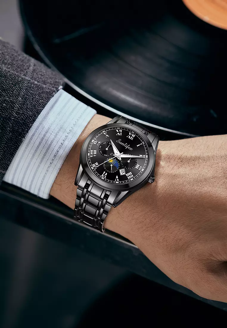 Jam Tangan Pria Tali Stainless Steel Anti Air Kuarsa Santai Mode Jam Tangan Cowok all black