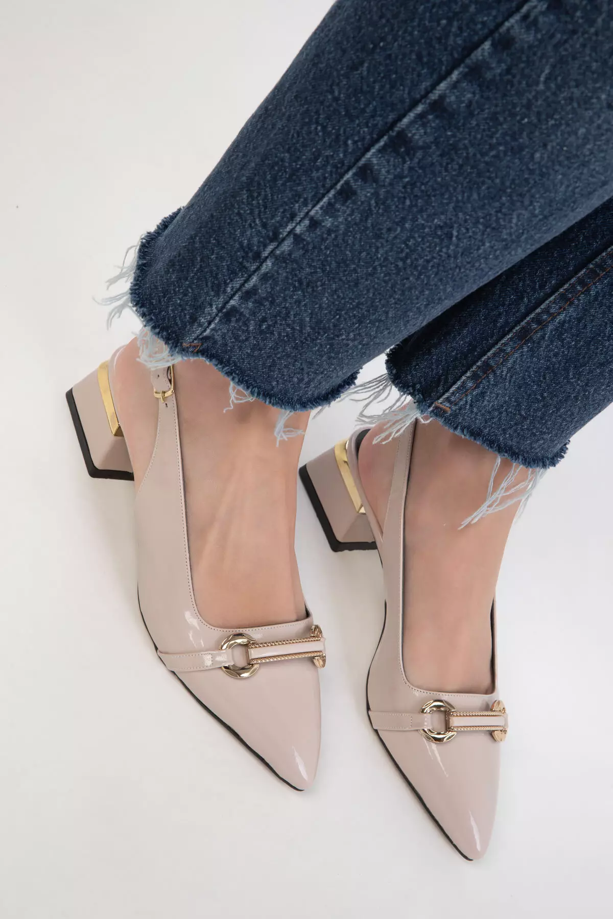 Beige Patent Leather Women's Classic Heeled Shoes 20423