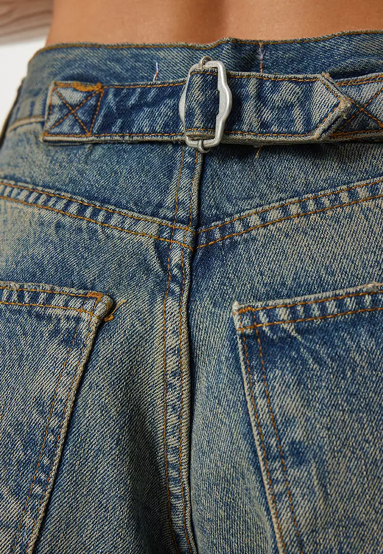 Women's Blue High Waist Faded Effect Baggy Jeans Ut00027