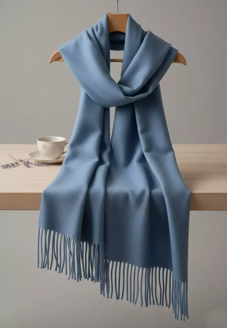 Aksesoris Wanita Virgin Wool Cashmere Shawl Syal Wanita Kasmir Denim Blue