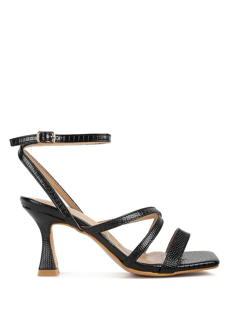 Black Open Square Toe Spool Heel Sandals