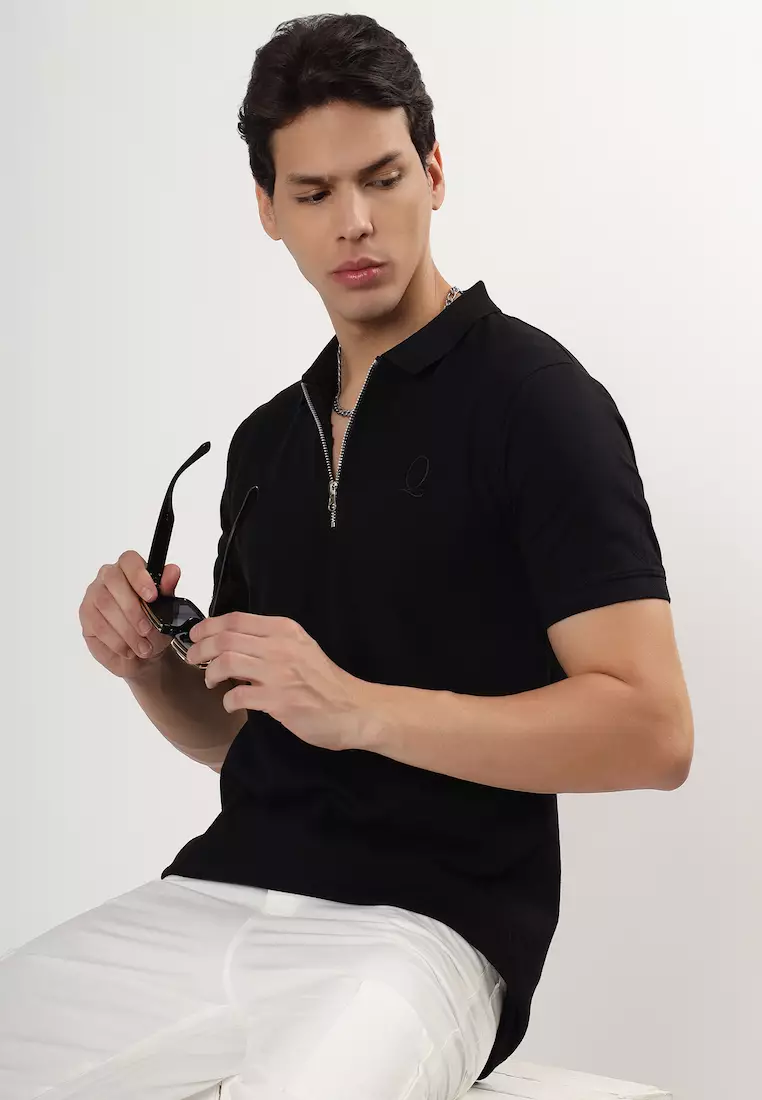 Mens Solid Black Cotton Relaxed Fit Polo Shirt/Tshirt With Zip, Short Sleeve, Activewear, Casual Wear