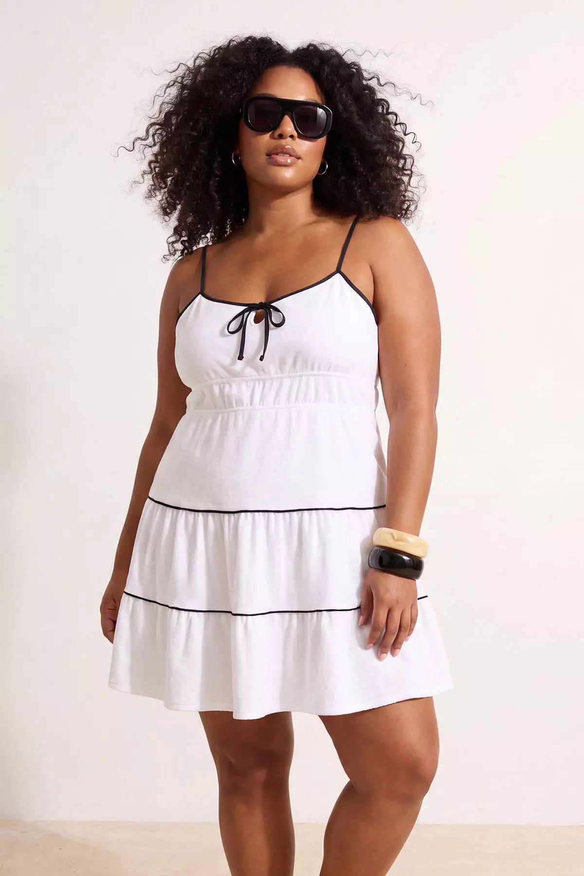 White Lined Thin Strap Piping Detailed Knitted Plus Size Dress
