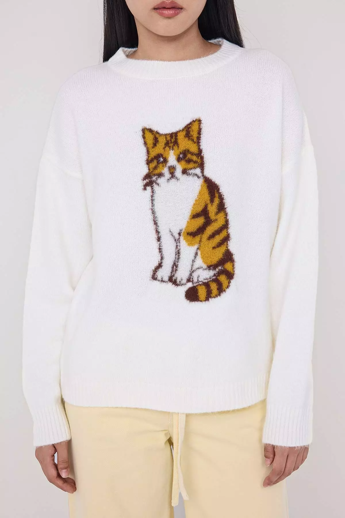 Teen Ecru*001 Cat Embroidered Crew Neck Knitwear Sweater