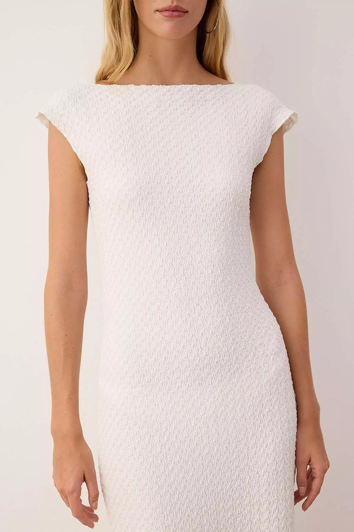 Ecru Textured Fabric Fitted/Fits The Body Moon Sleeve Flexible Knitted Midi Pencil Dress