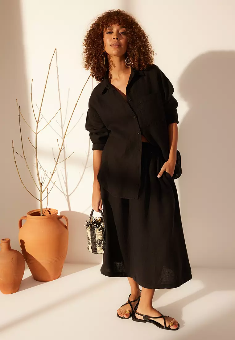 Linen Elastic Midi Skirt