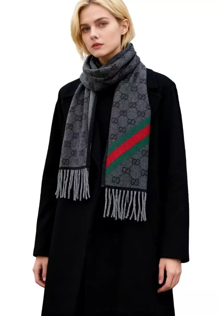 GG Logo Wool Scarf in Dark Grey 570603 3G200