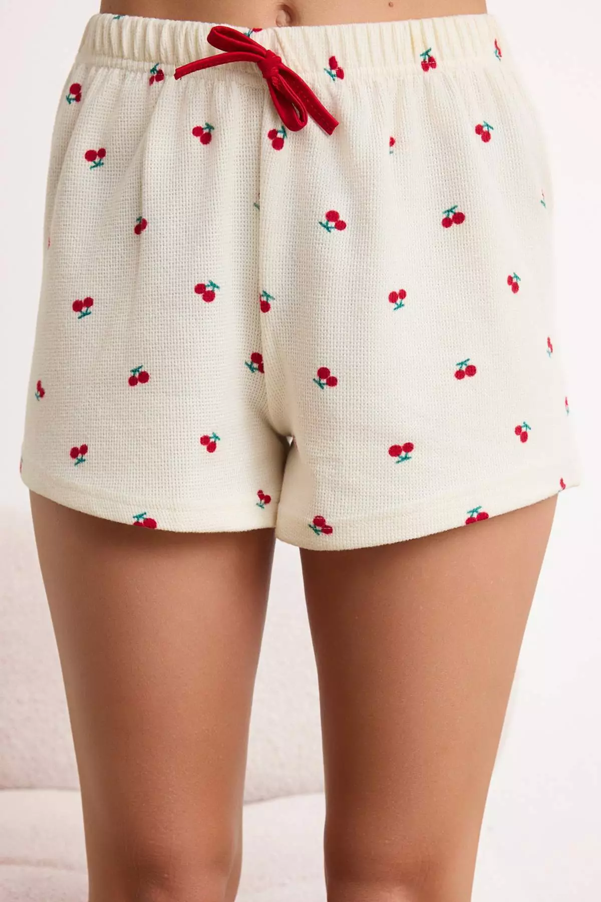 Ecru Cherry Embroidered Soft Tuşe Waffle Knitted Pajama Set Thmss26Pt7