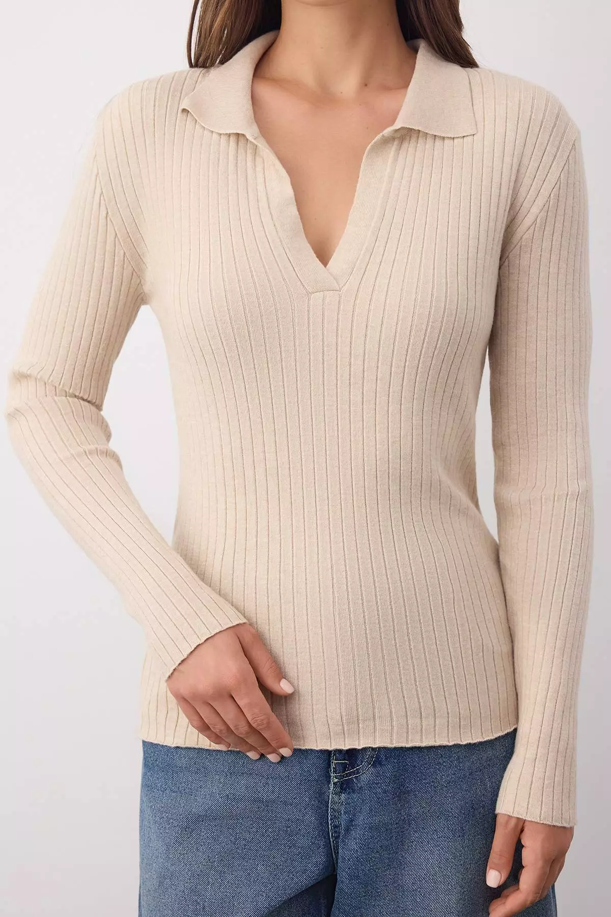 Wardrobe Essentials Stone Premium Yarn Polo Neck Ribbed Knit Sweater | Twoaw26Kz00077