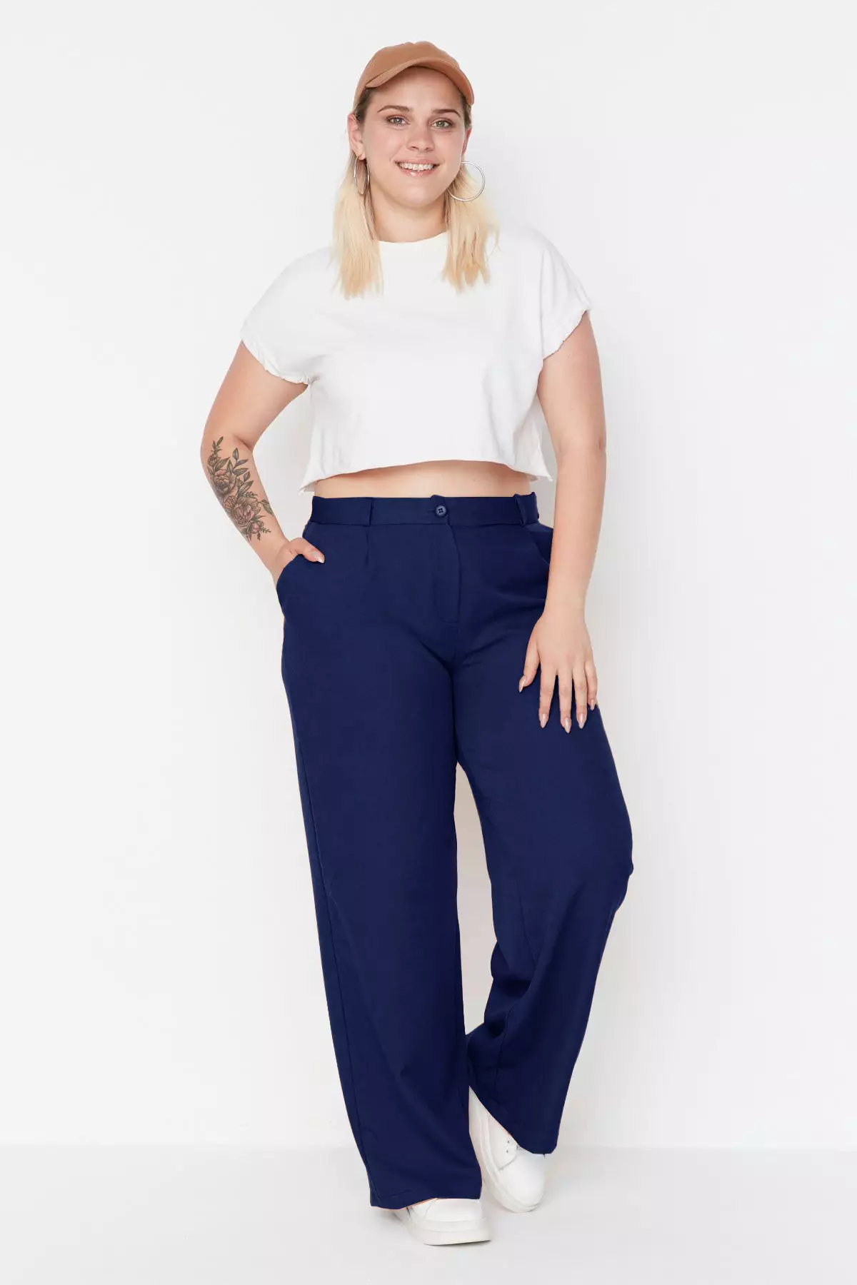 Navy Blue Wide Leg Large Size Woven Trousers - Tbbaw23Ar00007
