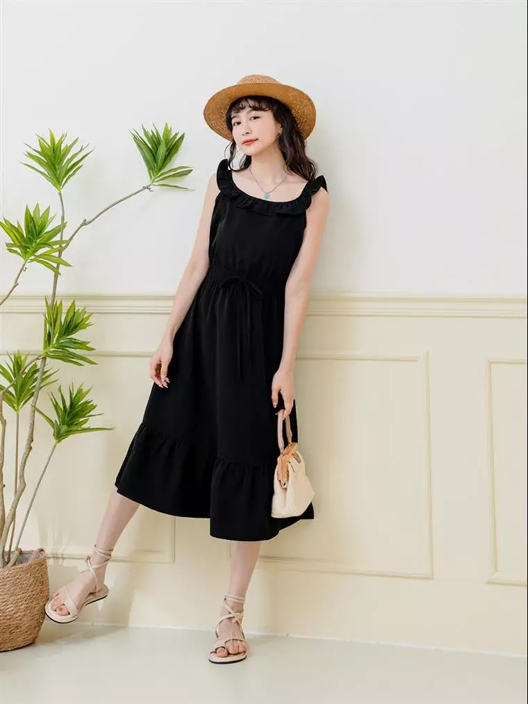 Frill Neck Tie Waist Long Dress [DA9764]