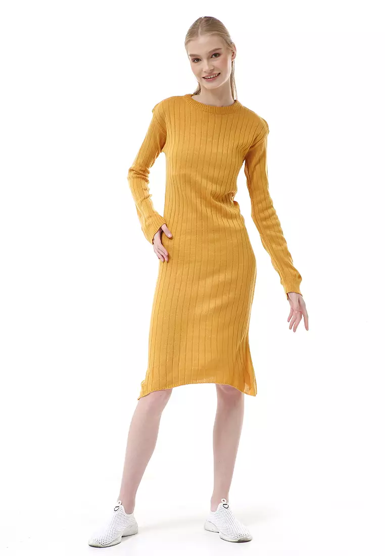 Adela Dress Rajut Tunik Wanita Motif Polos Long Sleeve Relaxed Fit - Mustard