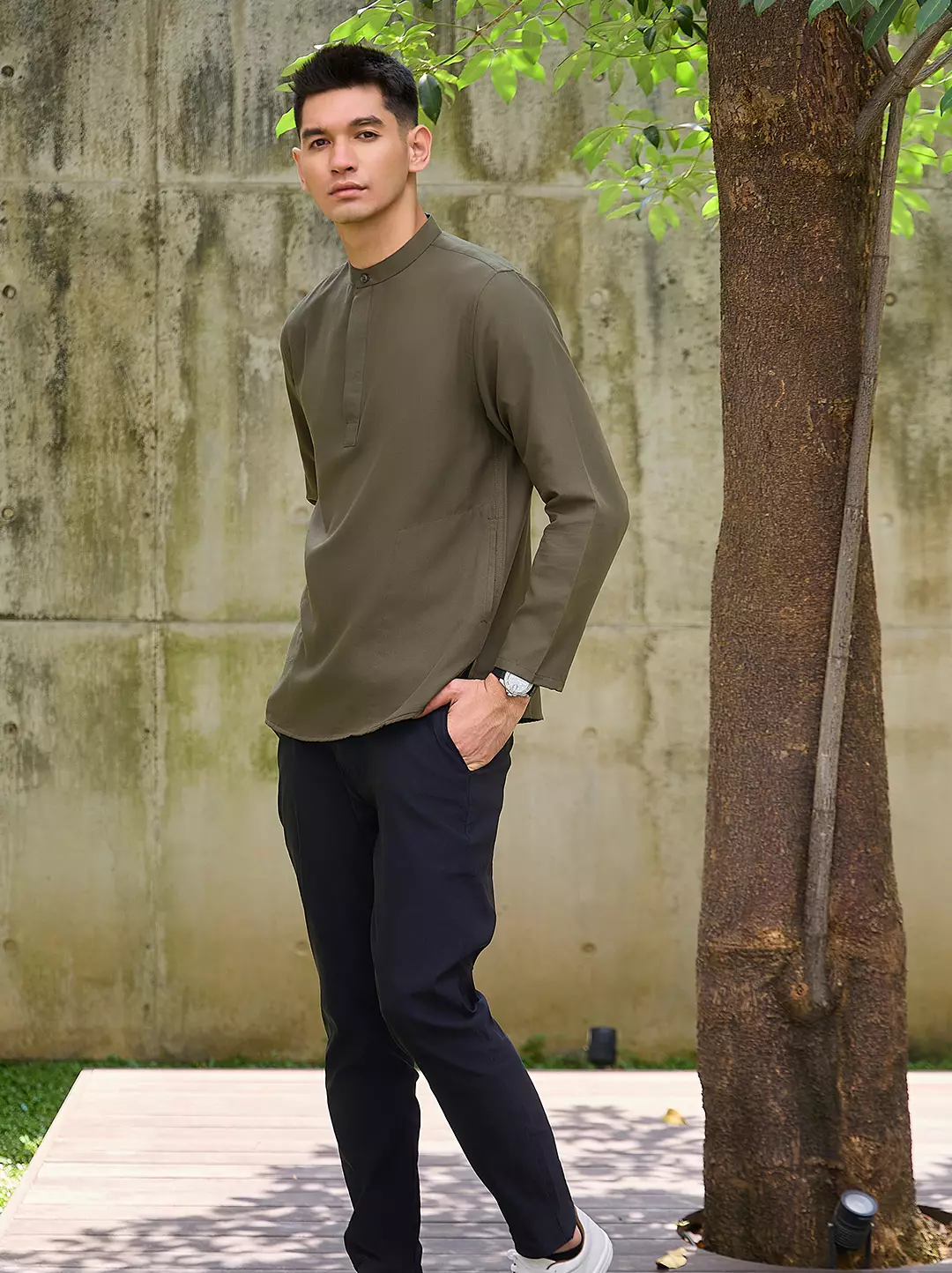 OXCON Kemeja koko Tangan Panjang Collarless Azfar Army