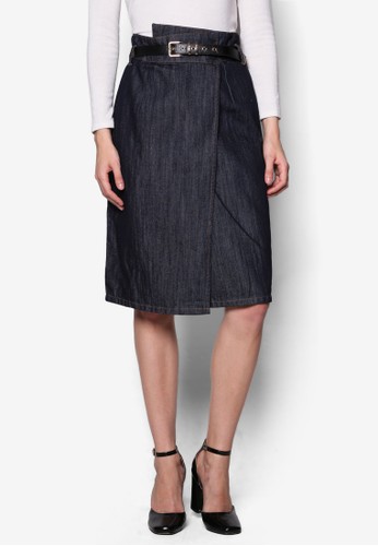 腰帶裹飾丹寧esprit台灣outlet及膝短裙, 服飾, 裙子
