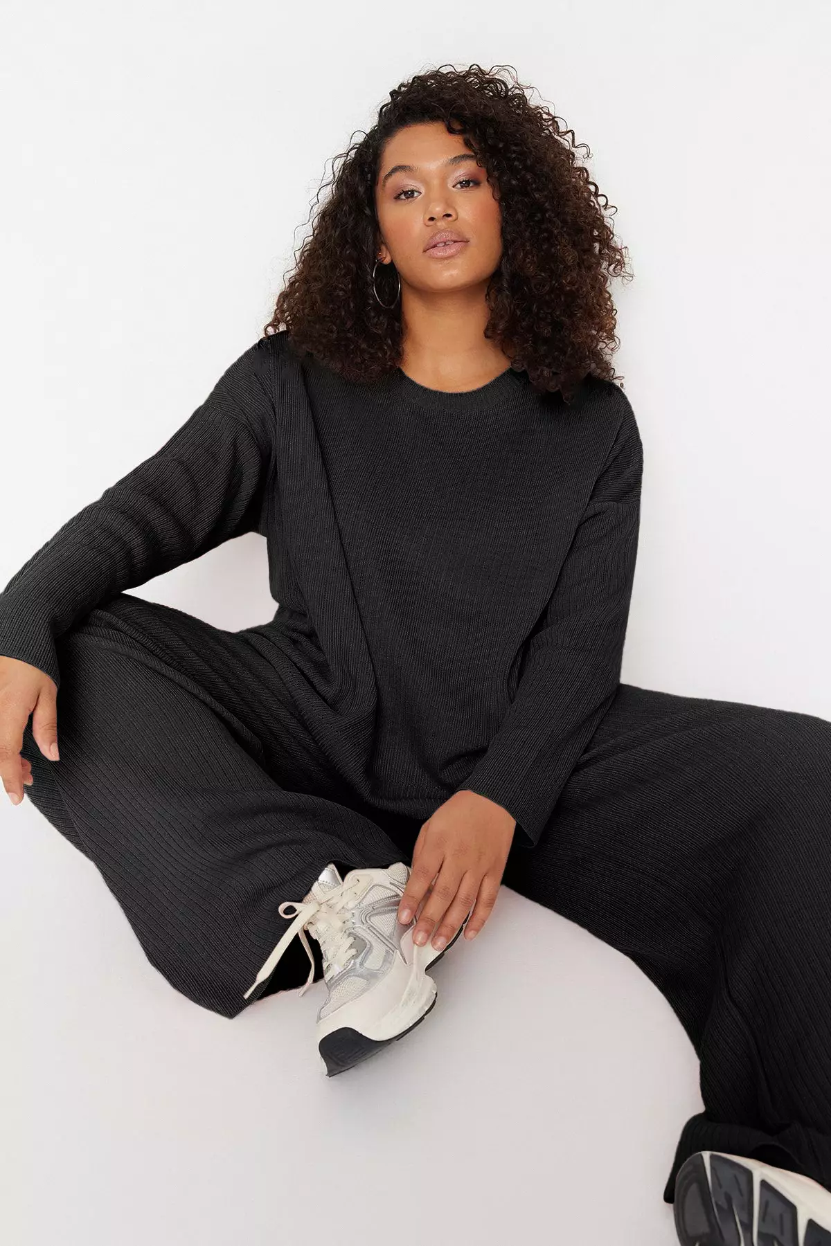 Plus Size Black Knitwear Sweater And Trousers Set Ribbed Crew Neck