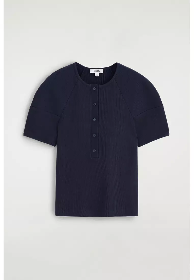 ROUNDED RIBBED JERSEY HENLEY TOP
