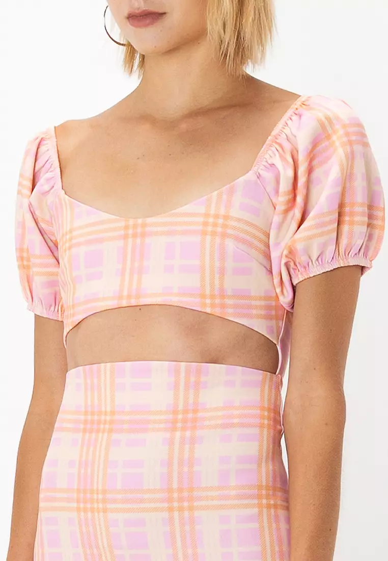 Puff Sleeve Pleated Cut Out Mini Dress