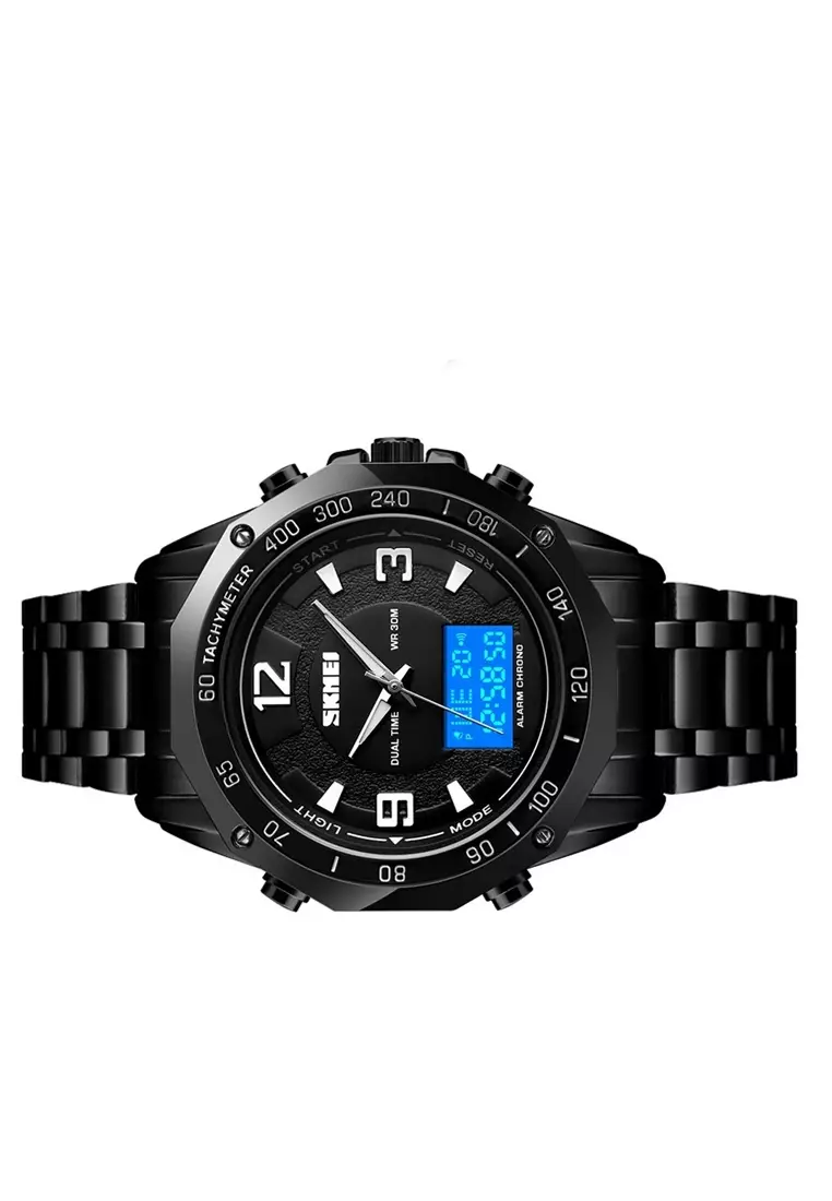 Jam Tangan Casual Digital Analog Pria Waterproof Strap Tali Material Stainless Steel WT56 ORIGINAL